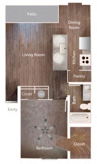 Floor plan for 1 bed, 1 bath, 667 sqft
